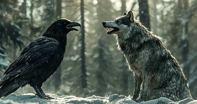 Raven and wolf facing each other in snowy forest.