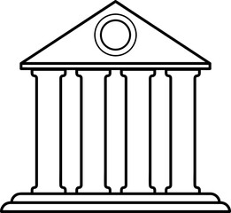 Classical Temple Facade Line Drawing:  Gabled Roof, Circular Oculus, Doric Columns