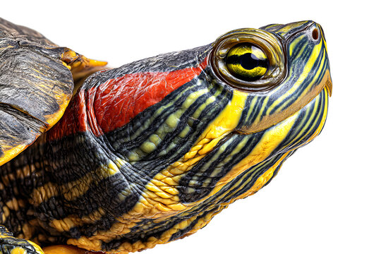 Red eared slider turtle close up with vivid striped skin texture and detailed shell isolated on transparent background - Powered by Adobe