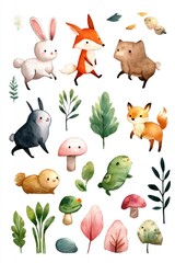 Naklejka premium Cute woodland creatures and foliage