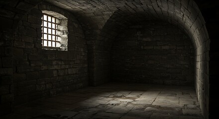 Fototapeta premium Light in the window of a dungeon in a stone old castle