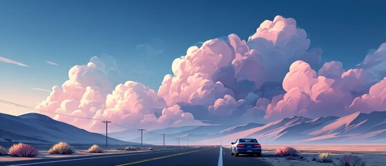 Desert road, pastel clouds