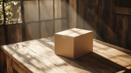 Sunlight Illuminates Cardboard Box Mockup on Rustic Wooden Table