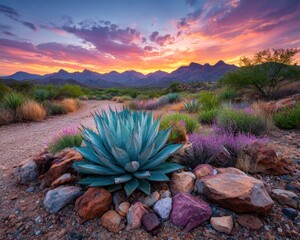 Desert sunset landscape with agave