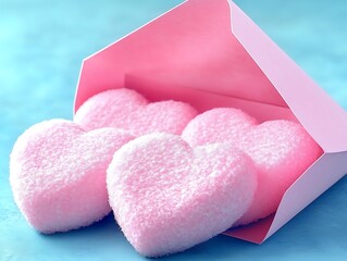 Pink heart shaped candies spilling from a matching colored envelope