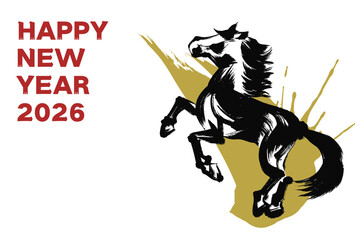 2026年午年の年賀状素材、墨筆の馬のイラスト_横