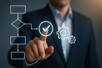 Business Professional Engaging with Flowchart and Gears Concept Representing Process and Efficiency in Modern Workspace