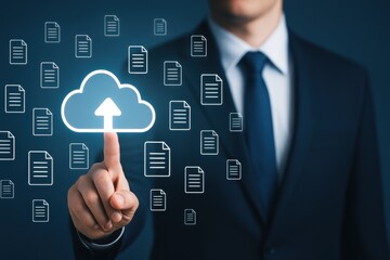 Businessman Touching Cloud Storage Icon with Upload Arrow Surrounded by Digital Documents Representing Data Management and Technology Concepts