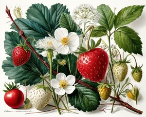 Detailed botanical illustration of strawberries and flowers (1)