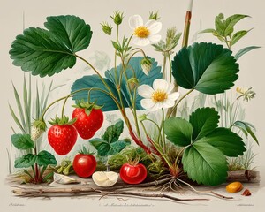 Detailed botanical illustration of strawberries