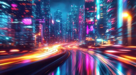 Futuristic city street at night with motion blur