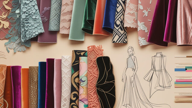 Fabric samples velvet lace textiles fashion design sketch dressmaking tailoring sewing materials couture