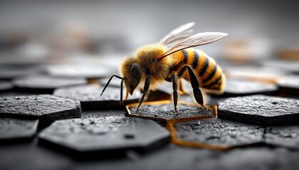 Detailed close-up of a honeybee on honeycomb