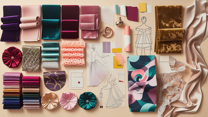 Fabric samples textiles fashion design mood board color palettes velvet silk sketch inspiration style