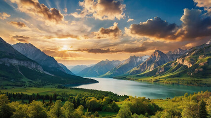 Obraz premium Mountain landscape with alpine meadow and colorful forest at sunset.