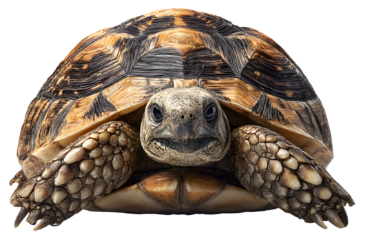 Front view of tortoise with textured shell and wrinkled skin isolated on transparent background