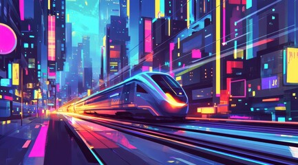Futuristic cityscape train. Vivid neon city transit