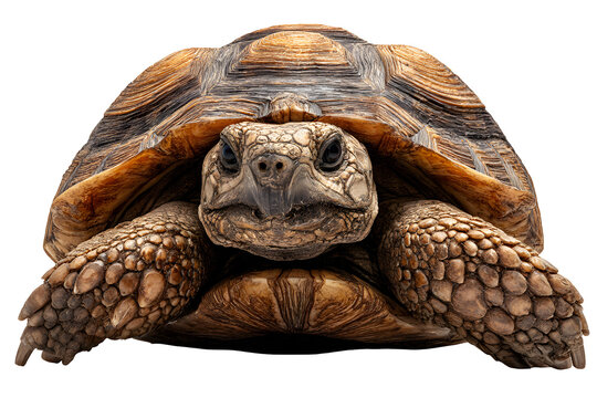 Front view of tortoise with textured shell and wrinkled skin isolated on transparent background