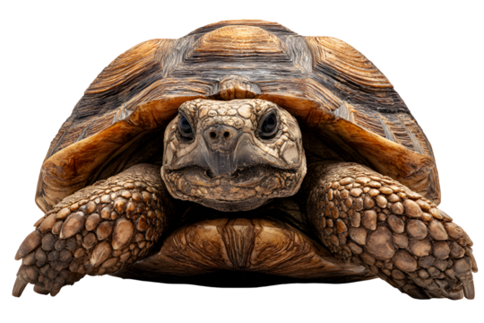 Front view of tortoise with textured shell and wrinkled skin isolated on transparent background