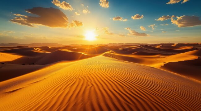 Golden desert sunset.  Vast sand dunes bathed in the warm glow of a dramatic sunset - Powered by Adobe