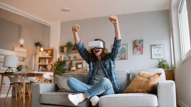 Immersed in Victory: A delighted individual, eyes fixated within a VR headset, experiences triumphant exhilaration during a virtual gaming session in a cozy home setting.
