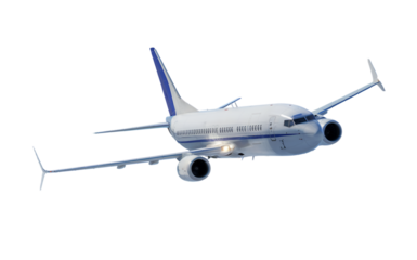 Modern airplane in flight isolated on jet sky blue tail white on transparent background