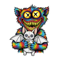 Fototapeta premium Colorful Furry Monster Hugging Bat Plush – Weird Cute Creature Illustration
