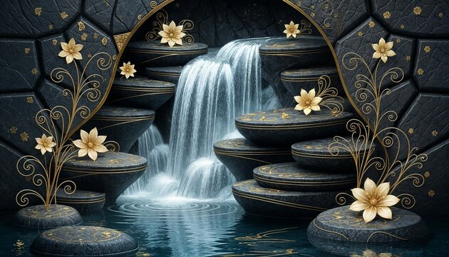 3D Ornamental Vector Waterfall with Golden Flow and Decorative Texture