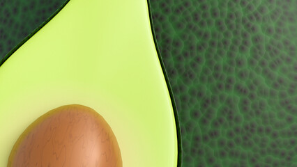 A 3d rendering of avocados, the contrast between the dark, bumpy skin and the creamy green flesh. The sliced avocado reveals the pit, emphasizing the fruit's simple structure.