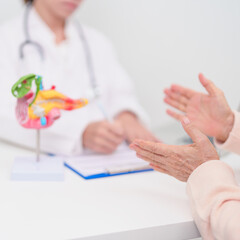 Elderly Patient consultation with doctor for Pancreas, Gallbladder, Bile Duct, Duodenum, Small intestine. Pancreatic cancer, Acute and Chronic pancreatitis, Digestive system and medical healthcare