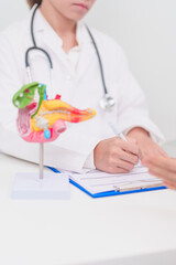 Elderly Patient consultation with doctor for Pancreas, Gallbladder, Bile Duct, Duodenum, Small intestine. Pancreatic cancer, Acute and Chronic pancreatitis, Digestive system and medical healthcare