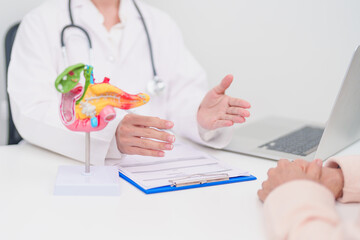 Elderly Patient consultation with doctor for Pancreas, Gallbladder, Bile Duct, Duodenum, Small intestine. Pancreatic cancer, Acute and Chronic pancreatitis, Digestive system and medical healthcare