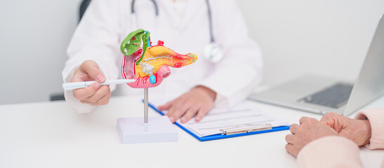 Elderly Patient consultation with doctor for Pancreas, Gallbladder, Bile Duct, Duodenum, Small intestine. Pancreatic cancer, Acute and Chronic pancreatitis, Digestive system and medical healthcare