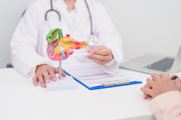 Elderly Patient consultation with doctor for Pancreas, Gallbladder, Bile Duct, Duodenum, Small intestine. Pancreatic cancer, Acute and Chronic pancreatitis, Digestive system and medical healthcare