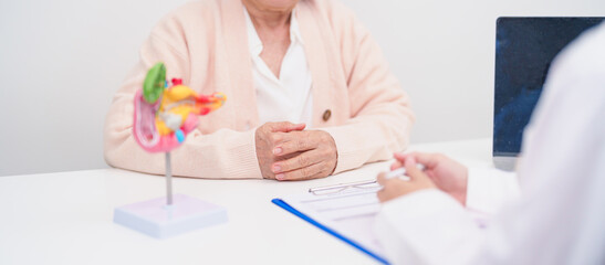 Elderly Patient consultation with doctor for Pancreas, Gallbladder, Bile Duct, Duodenum, Small intestine. Pancreatic cancer, Acute and Chronic pancreatitis, Digestive system and medical healthcare