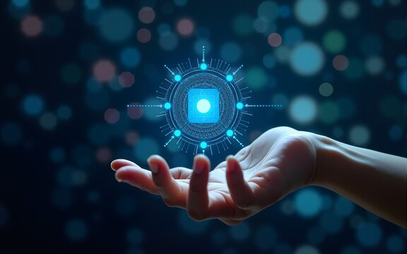 A hand showing AI tech with Generative Ai concept, artificial intelligence cyber security, digital transformation, finance, document file management, AI chip, large language model, LLM. High quality