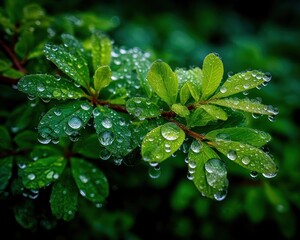 Dewy green leaves close-up