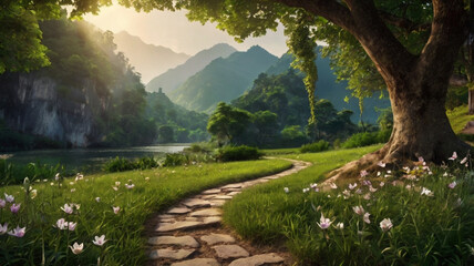 Obraz premium Mountain landscape with alpine meadow and colorful forest at sunset.