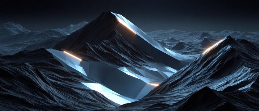 Dark, futuristic mountain range illuminated by glowing light