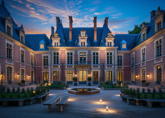  Charming red brick and white stone house illuminated at night with courtyard