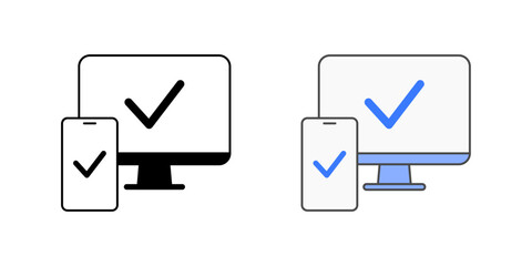 Device compatibility check icon with monitor, mobile device, and check mark, in outline and color styles, ideal for illustrating multi-device support, system compatibility testing, and IT readiness