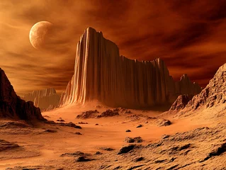 Fototapeten An alien landscape features large rock formations under an orange sky © Real
