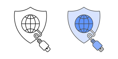VPN configuration icon with shield, cable, and globe, in outline and color styles, ideal for illustrating secure remote access setup, private network configuration, and IT connectivity protection.