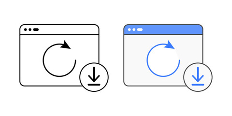 Software reinstallation icon with app window, circular arrow, and download symbol, in outline and color styles, ideal for illustrating IT maintenance tasks, app recovery, and system software reset