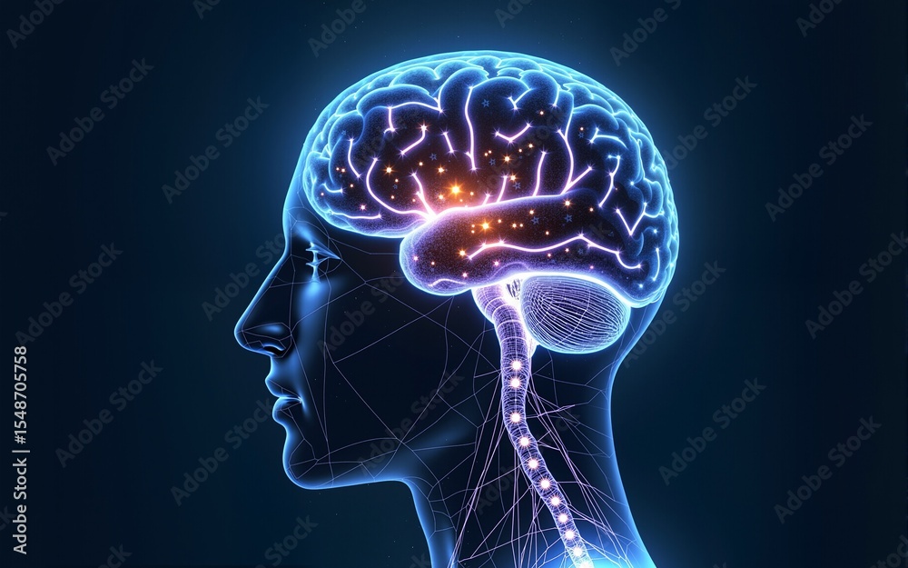Poster human brain showing intelligent thinking processing through the concept of a neural network printed 