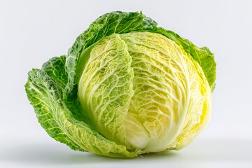 Obraz premium Fresh Savoy Cabbage Head with Dark Green Outer Leaves, Isolated on White Background
