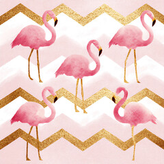 A pink flamingo is shown in a gold and white pattern