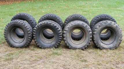 A group of large tires standing on green grassy ground