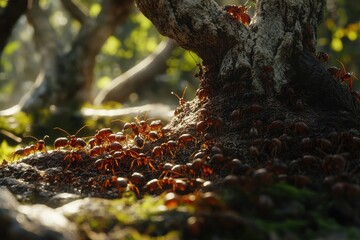 Ant Colony Working Together on Forest Floor