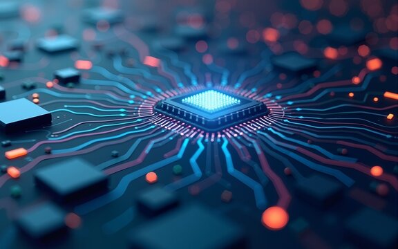 Abstract tech background made of printed circuit board. Depth of field effect and bokeh. internet connections, cloud computing and neural network, big data. 3D render. High quality
